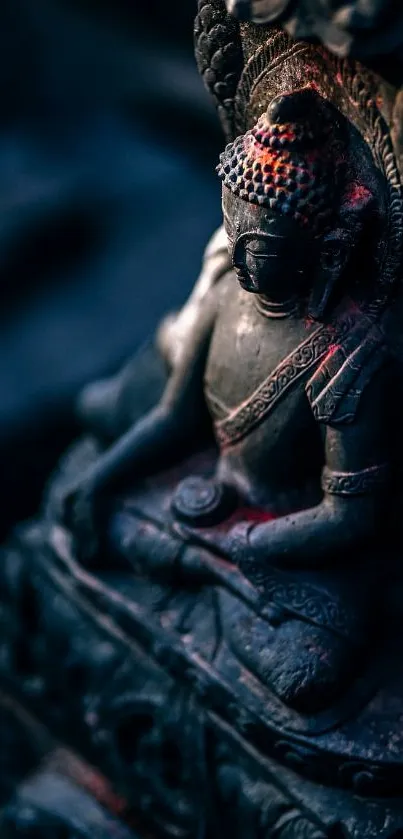 Dark toned Buddha statue, serene mobile wallpaper art.