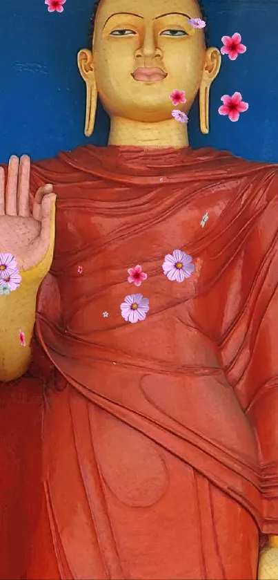 Buddha statue with flowers on blue background