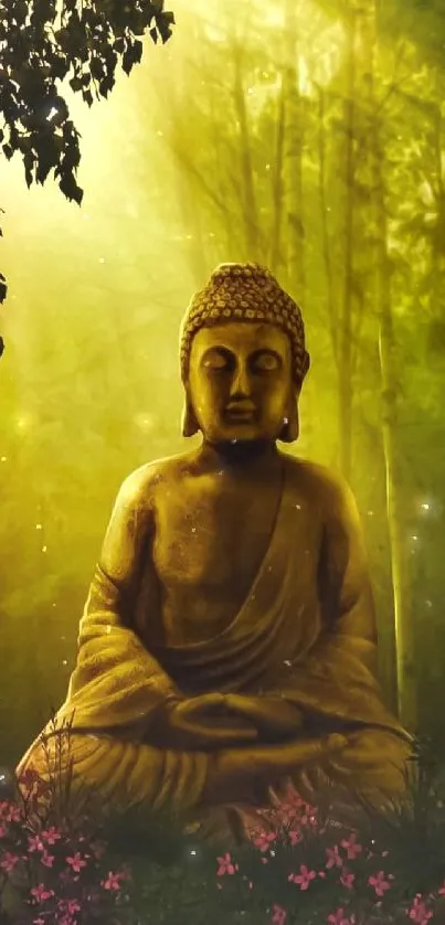 Serene Buddha statue in a glowing mystical forest.