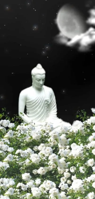 Buddha statue in a moonlit garden surrounded by white flowers.