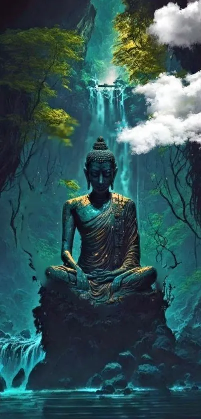 Buddha statue amidst serene nature with teal tones.