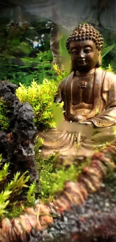 Bronze Buddha statue amidst lush greenery and rocks, creating a serene atmosphere.