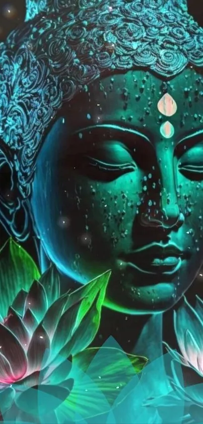 Teal Buddha with lotus flowers and stars in serene design.