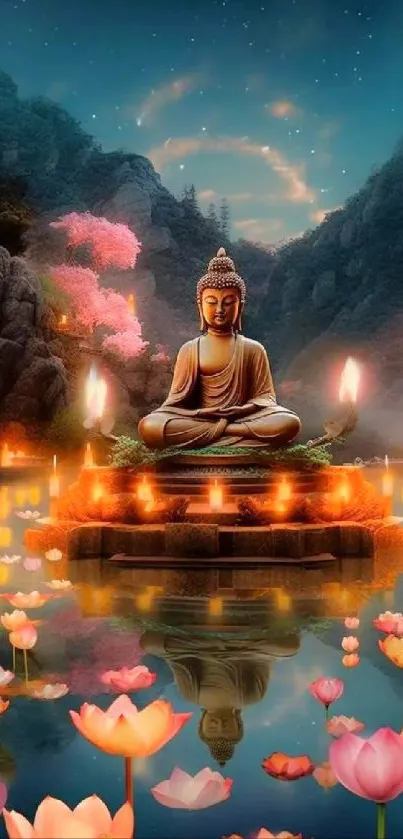 Serene Buddha surrounded by glowing lotuses in tranquil night scene.