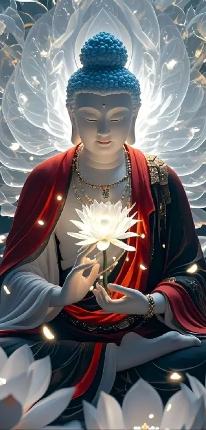 Serene Buddha holding a luminous lotus flower in a divine setting.