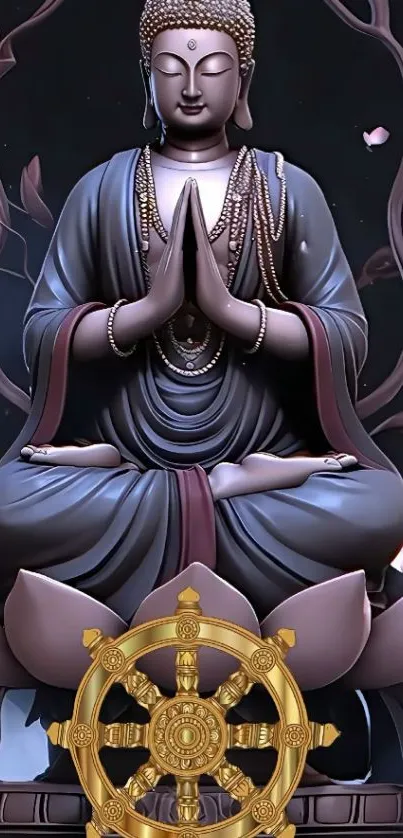 Buddha statue with lotus and symbolic wheel