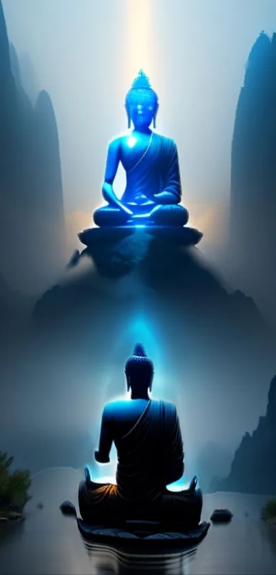 Relaxing meditative wallpaper with luminous blue Buddha statues in a tranquil setting.