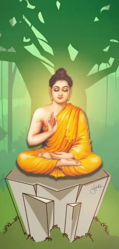 Tranquil Buddha meditating in a serene green forest wallpaper.