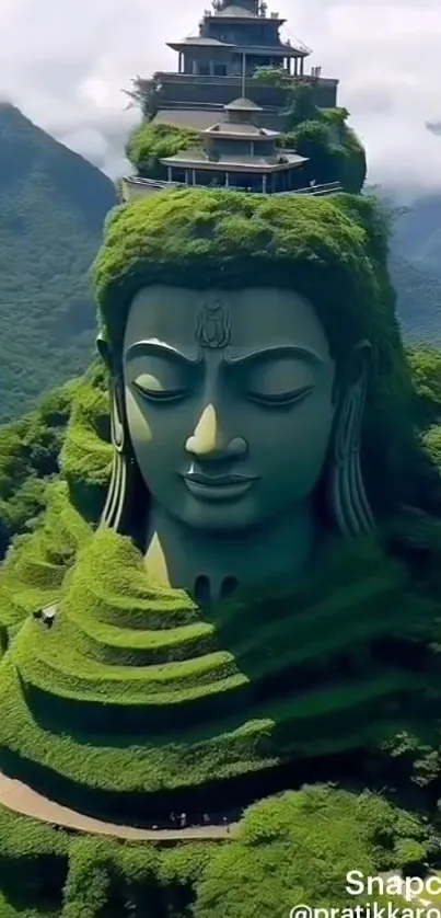 Buddha statue on green mountain with lush surroundings.