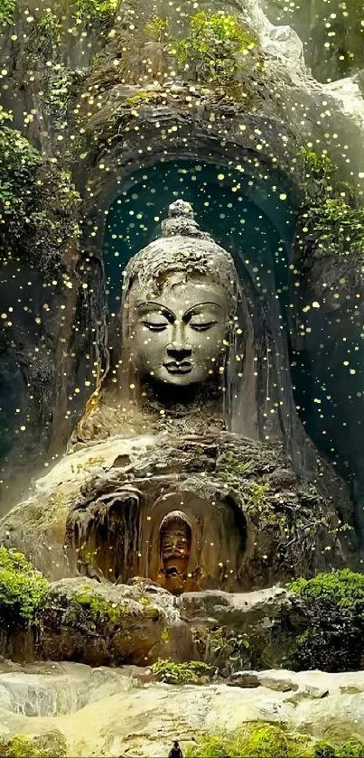 A majestic Buddha carved in a lush mountain setting, evoking peace and spirituality.