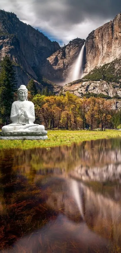 Buddha statue with waterfall and mountain view in peaceful landscape wallpaper.