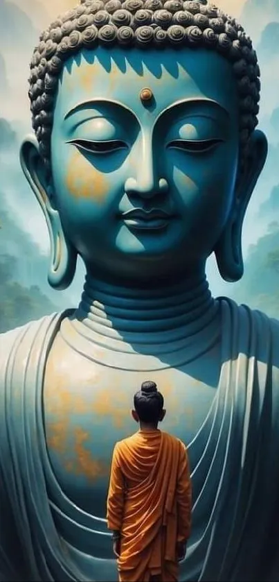 Serene Buddha statue with monk in nature, ideal for mobile wallpaper.