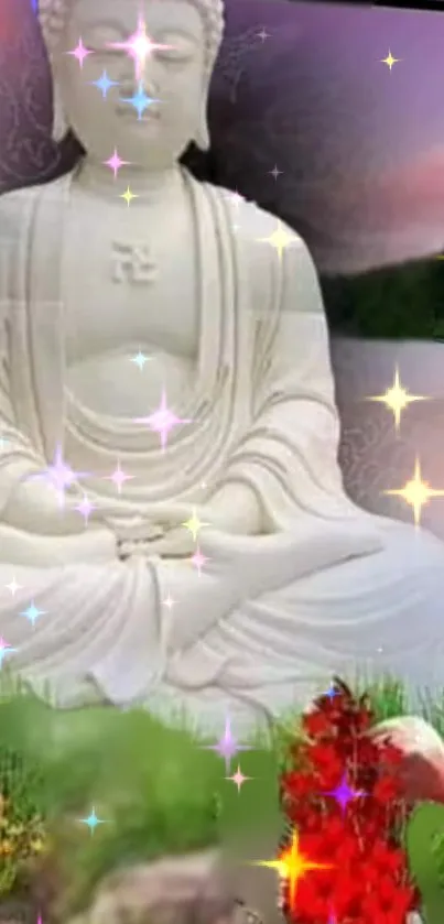 Serene Buddha statue with sparkle and nature elements in a peaceful scene.