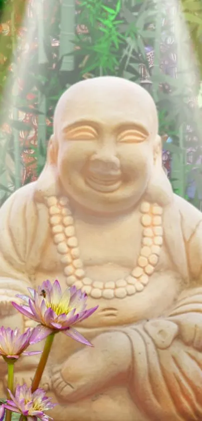 Serene Buddha statue with lotus flowers and bamboo background.