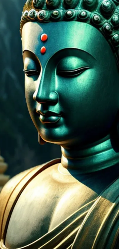 Turquoise Buddha statue with a serene expression and vivid red accents.