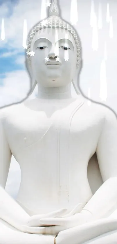 Serene white Buddha statue with a cloudy sky backdrop.