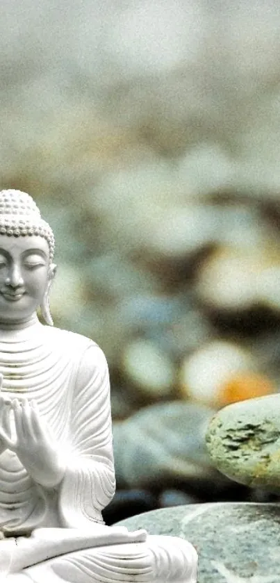 A serene white Buddha statue with smooth stones in the background.