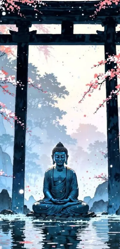 Buddha statue under cherry blossoms, tranquil setting.