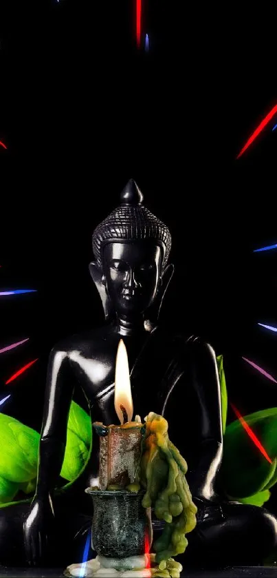 Serene mobile wallpaper of a Buddha statue with candlelight and green leaves.