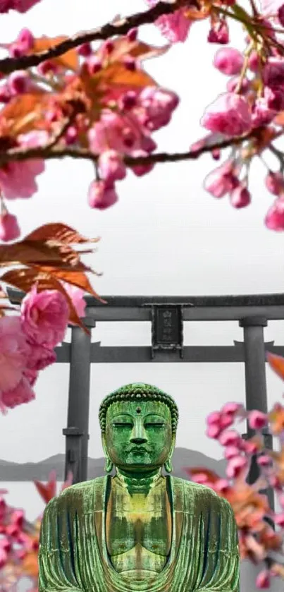 Buddha statue surrounded by pink cherry blossoms and a Torii gate.