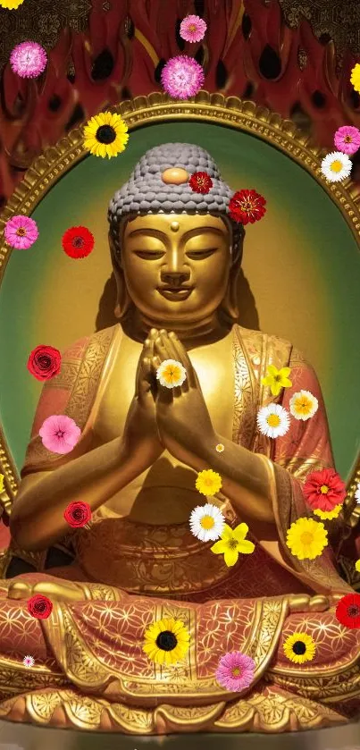 Golden Buddha statue surrounded by colorful flowers.