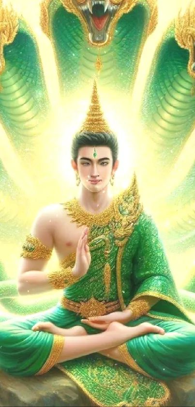 Serene Buddha surrounded by Naga designs in a mystical green artwork.