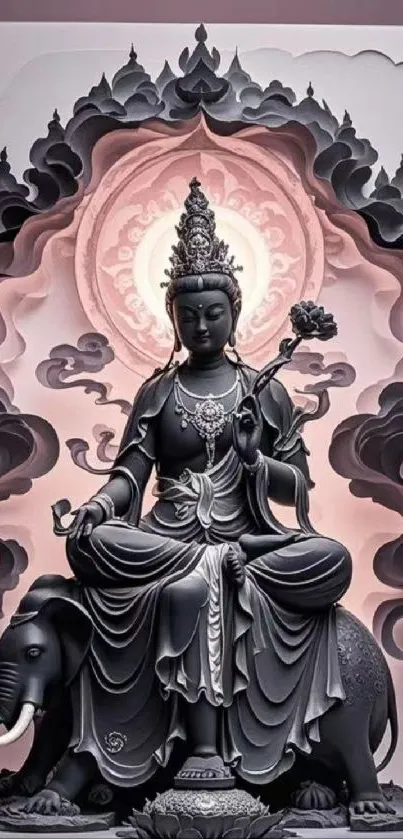 Serene Buddhist deity artwork with an elephant figure.