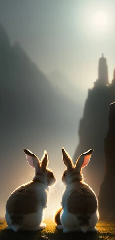 Bunnies sit serenely against a misty mountain twilight.