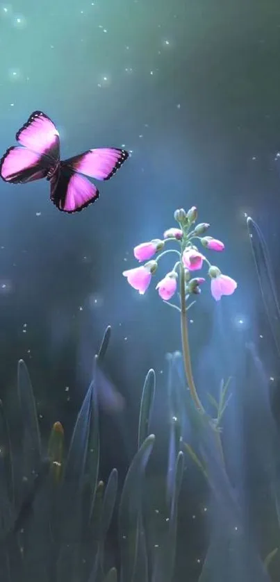 Purple butterfly and pink flowers on dark green background.