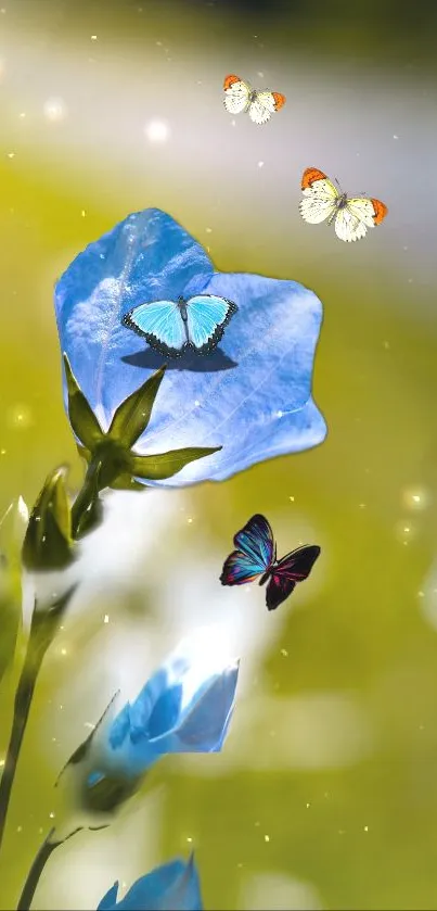 Colorful butterflies around a blue flower with a green backdrop.