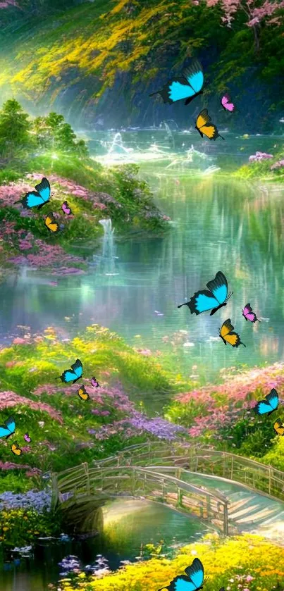 Serene landscape with butterflies over a lush garden and tranquil waters.