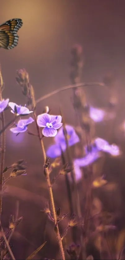 A butterfly perched on purple flowers in a serene meadow setting.