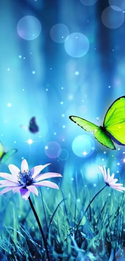 Vibrant green butterflies hover over flowers in a serene, azure blue meadow.