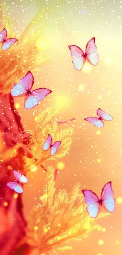 Vibrant pink butterflies on a golden background.