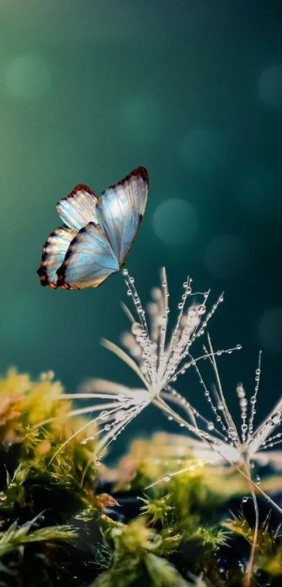 Delicate blue butterfly on lush greenery wallpaper.