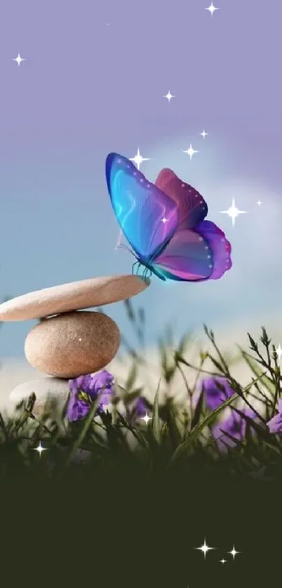 Butterfly resting on balanced stones in a vibrant meadow scene.