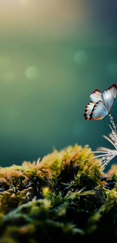 Serene butterfly perched on moss with a calming green background.