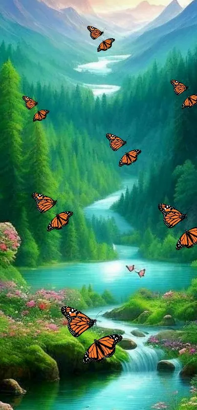 A serene wallpaper with green forest, river, and orange butterflies fluttering.