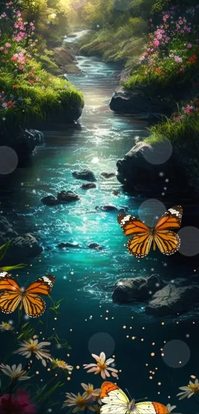 Serene stream with butterflies in vibrant nature scene.