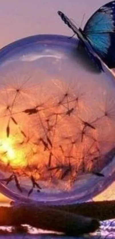 Butterfly on a globe with dandelion seeds at sunset.