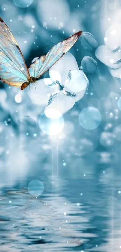 Blue butterfly over water with floral and bokeh background.