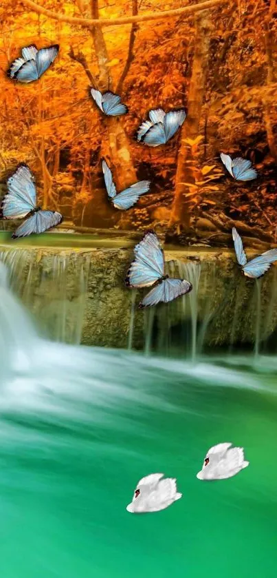 Butterflies flutter over a tranquil waterfall in an autumn setting.