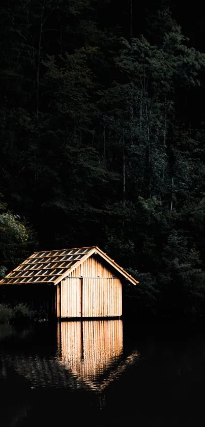 Serene wooden cabin reflected on a dark, tranquil lake surrounded by forest.