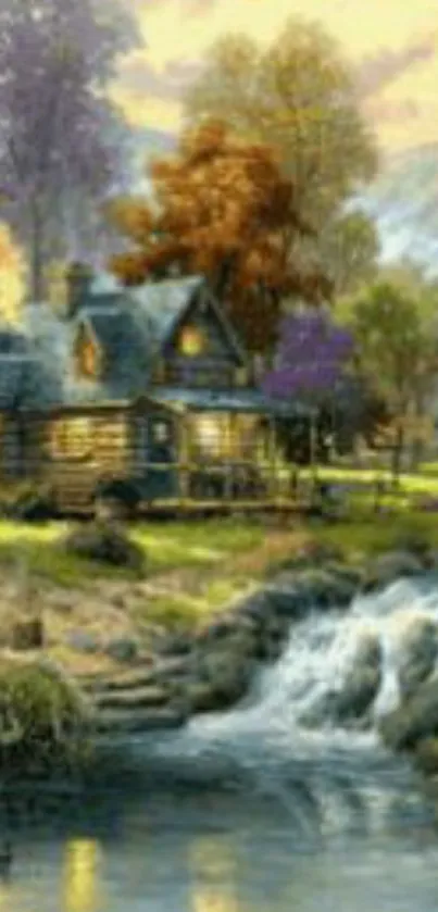 Rustic cabin by a stream in autumn scenery.