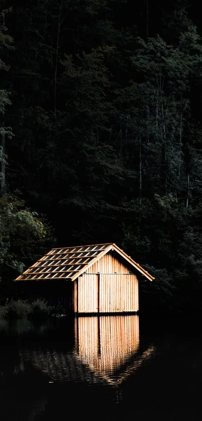 Wooden cabin reflecting on a tranquil lake amid lush forest.