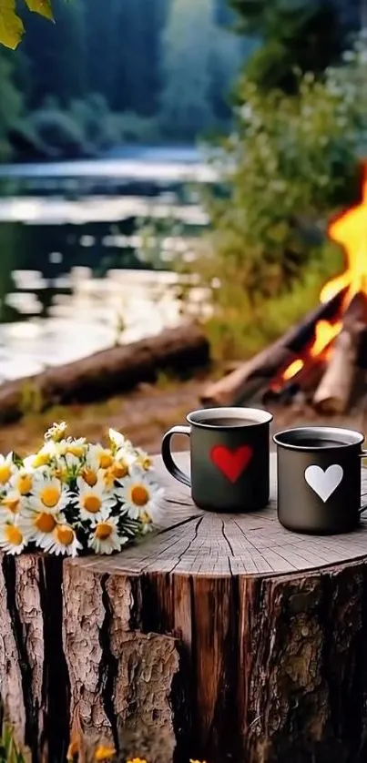 Two mugs with hearts by campfire and lake.