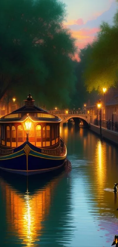 Serene evening canal with boat and glowing lanterns reflecting on water.