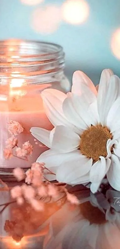 Serene wallpaper with a candle and white flower.