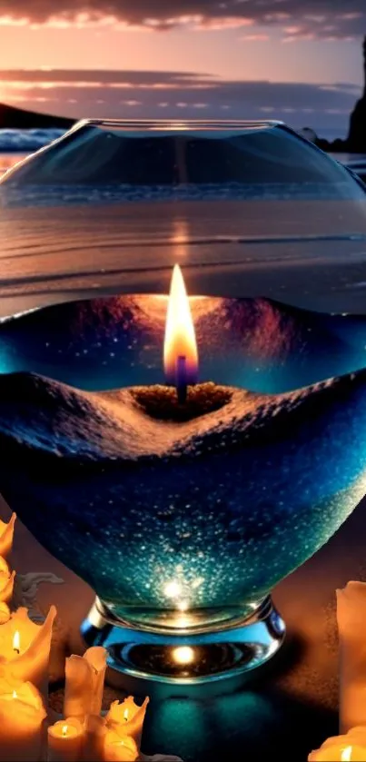 Serene candlelit beach wallpaper in blue and orange.