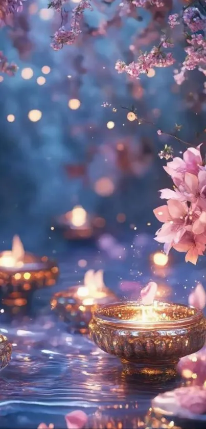 Glowing candles and cherry blossoms wallpaper